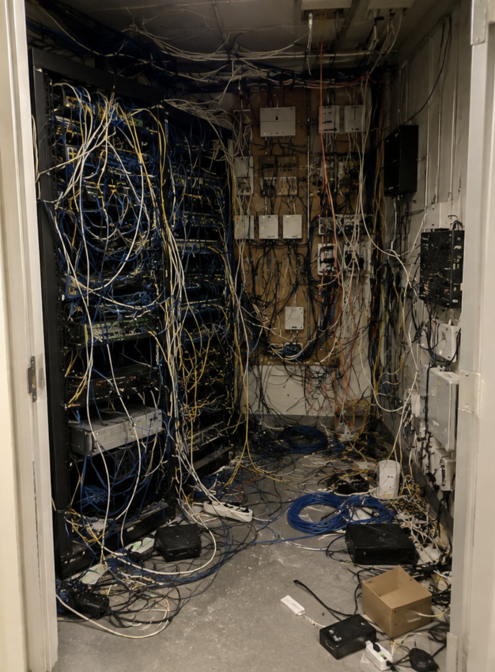 Cluttered riser closet with excess cabling and equipment